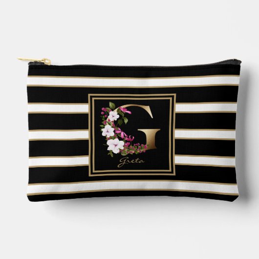 レターGフローラモノグラム白黒金ゴールドストライプ アクセサリーポーチ (正面)