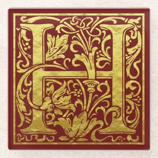 レターHの最初の文字のフェイク金ゴールド ガラスコースター (正面)