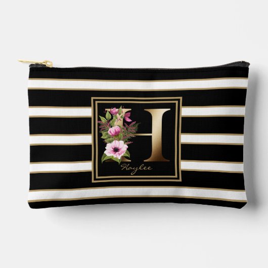 レターHフローラモノグラム白黒金ゴールドストライプ アクセサリーポーチ (正面)