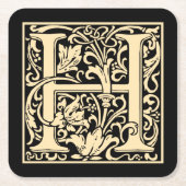 レターHヴィンテージ最初の文字セピアベージュオンブラック スクエアペーパーコースター (正面)