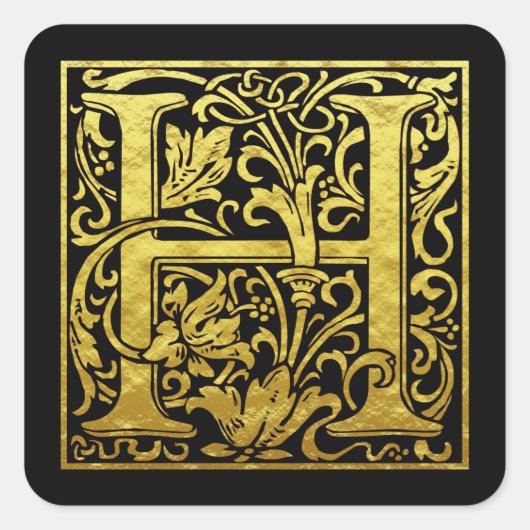 レターH先頭文字フェイク金ゴールド黒 スクエアシール (正面)