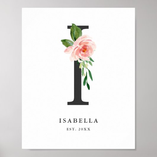 レターIモノグラムウォーターカラーピーチ花模様子供部屋 ポスター (正面)