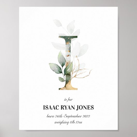 レターI新生児モノグラム誕生プリント緑 ポスター (正面)