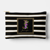 レターJフローラモノグラム白黒金ゴールドストライプ アクセサリーポーチ (正面)