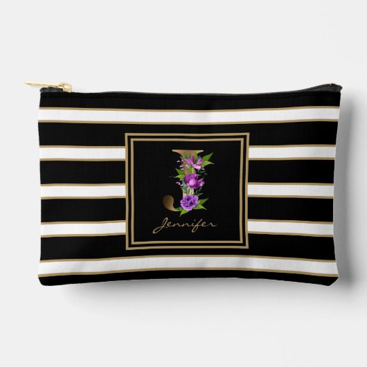 レターJフローラモノグラム白黒金ゴールドストライプ アクセサリーポーチ (正面)