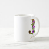 レターJ金ゴールドモノグラム | パープルグリーンフローラ コーヒーマグカップ (正面右)