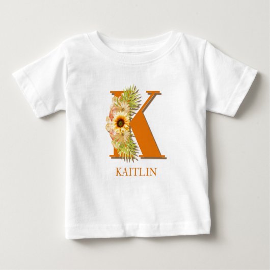 レターKひまわりフローラモノグラム ベビーTシャツ (正面)