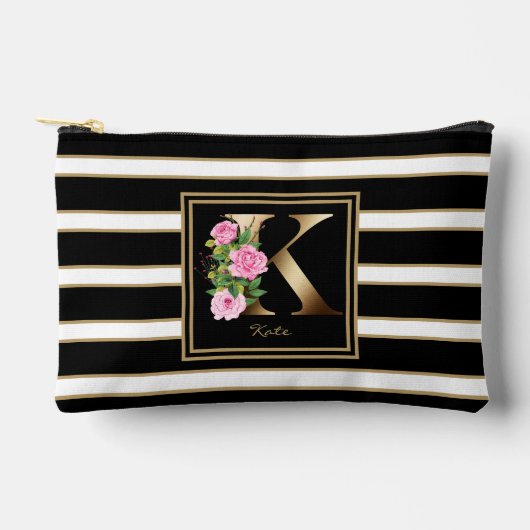 レターKフローラモノグラム白黒金ゴールドストライプ アクセサリーポーチ (正面)