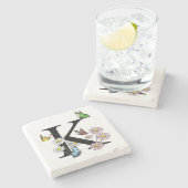 レターKフローラ水色バタフライモノグラム ストーンコースター (横)