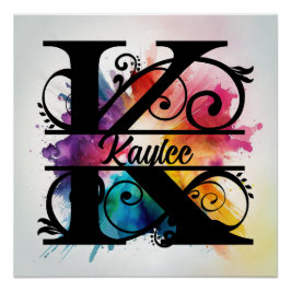 レター'K'、明るいレインボーモノグラム、キッズ名 ポスター