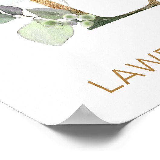 レターLモノグラムグリーン&金ゴールドの葉子供部屋 ポスター (角)