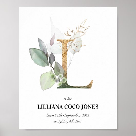 レターL新生児モノグラム誕生プリント緑 ポスター (正面)