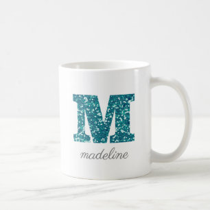 レターMアクアブルーグリッター個人用マグカップ コーヒーマグカップ