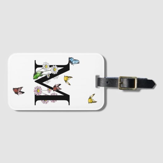 レターMフローラバタフライモノグラムイニシャル ラゲッジタグ (正面横)