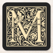 レターMヴィンテージ最初のレターセピアベージュ黒地 スクエアペーパーコースター (正面)