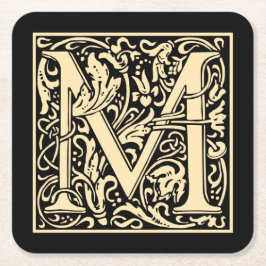 レターMヴィンテージ最初のレターセピアベージュ黒地 スクエアペーパーコースター