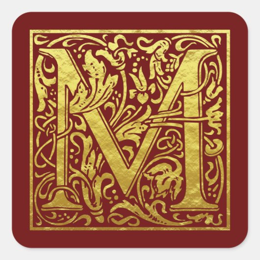 レターM最初のレターフェイク金ゴールド赤 スクエアシール (正面)