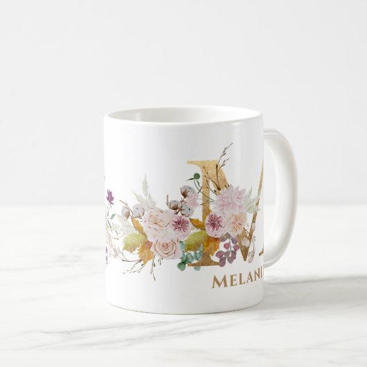 レターM -金ゴールドフローラ名姉妹同僚の友人 コーヒーマグカップ (正面右)