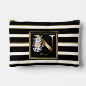 レターNフローラモノグラム白黒金ゴールドストライプ アクセサリーポーチ (正面)