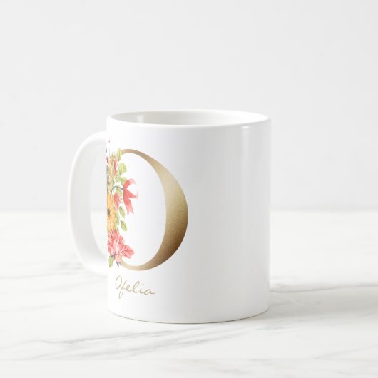 レターO金ゴールドモノグラムイエローレッドパープルフローラ コーヒーマグカップ (正面左)