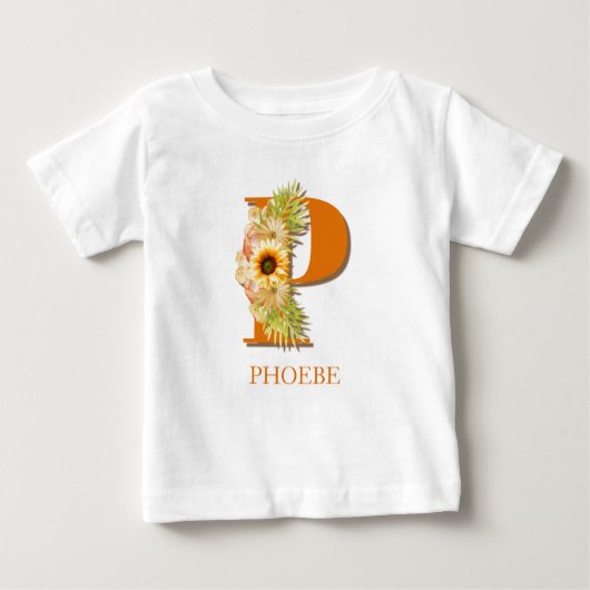 レターPひまわりフローラモノグラム ベビーTシャツ (正面)