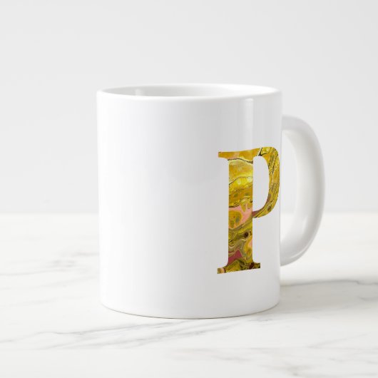 レターPイエロー金ゴールドボホマーブルモノグラム ジャンボコーヒーマグカップ (正面右)