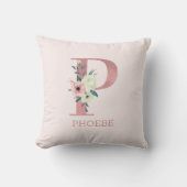 レターPピンクウォーターカラーフローラモノグラム子供部屋 クッション (正面)