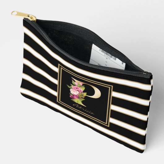 レターPフローラモノグラム白黒金ゴールドストライプ アクセサリーポーチ (見開き)