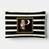 レターPフローラモノグラム白黒金ゴールドストライプ アクセサリーポーチ (正面)