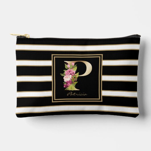 レターPフローラモノグラム白黒金ゴールドストライプ アクセサリーポーチ (正面)