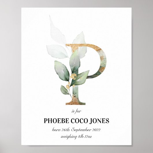 レターP新生児モノグラム誕生プリント緑 ポスター (正面)