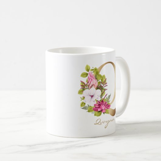 レターQ金ゴールドモノグラムピンクホワイトマゼンタフローラ コーヒーマグカップ (正面右)