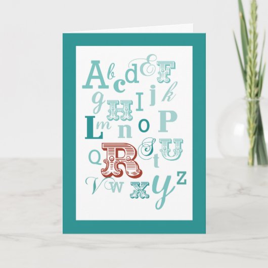 レターRイニシャル名アルファベット誕生日ティール(緑がかった色)&赤 カード (正面)