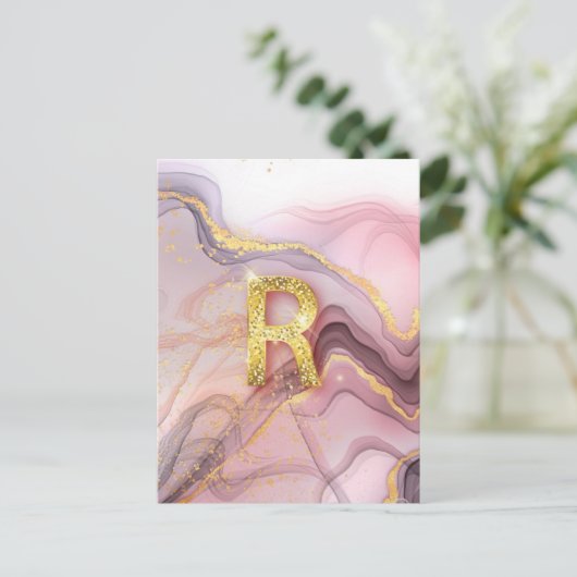 レターRローズかわいらしゴールドガーリーグリッターピンク大理石 ポストカード (スタンド正面)