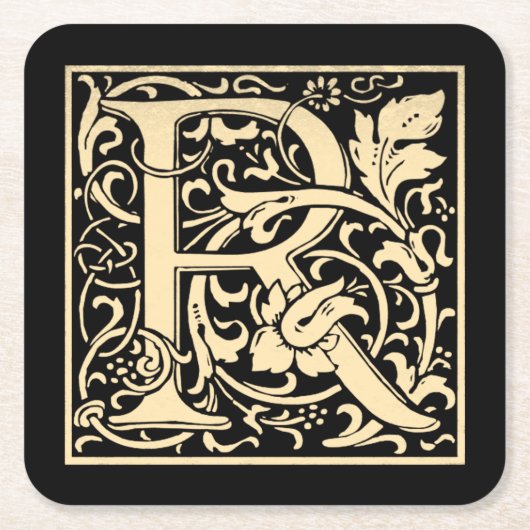 レターRヴィンテージ最初の文字Sepia on Black スクエアペーパーコースター (正面)