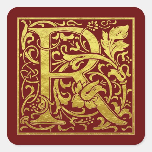 レターR先頭文字フェイク金ゴールド赤 スクエアシール (正面)