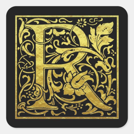 レターR先頭文字フェイク金ゴールド黒 スクエアシール (正面)