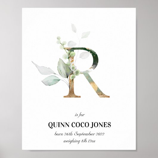 レターR新生児モノグラム誕生プリント緑 ポスター (正面)
