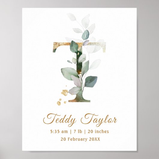 レターTグリーン&金ゴールド葉ベビー誕生ポスター ポスター (正面)