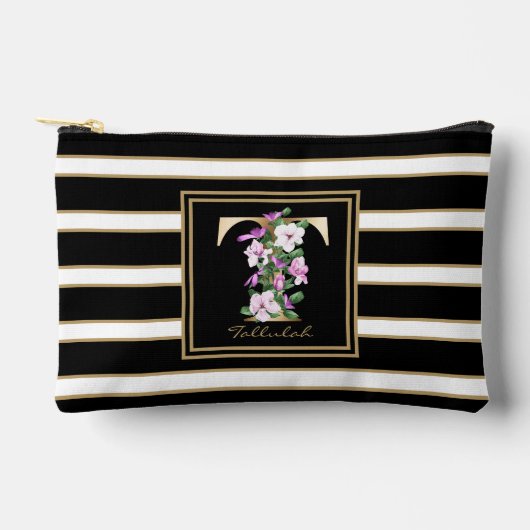 レターTフローラモノグラム白黒金ゴールドストライプ アクセサリーポーチ (正面)