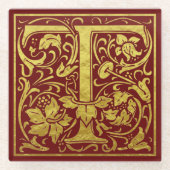 レターT先頭文字フェイク金ゴールド赤 ガラスコースター (正面)