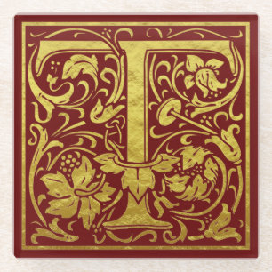レターT先頭文字フェイク金ゴールド赤 ガラスコースター