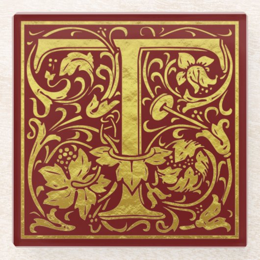 レターT先頭文字フェイク金ゴールド赤 ガラスコースター (正面)