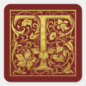 レターT先頭文字フェイク金ゴールド赤 スクエアシール (正面)