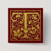 レターT先頭文字フェイク金ゴールド赤 缶バッジ (正面)