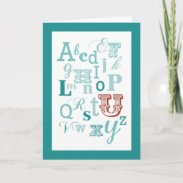 レターUイニシャル名アルファベット誕生日ティール（緑がかった色）&赤 カード