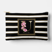 レターUフローラモノグラム白黒金ゴールドストライプ アクセサリーポーチ (正面)
