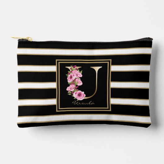 レターUフローラモノグラム白黒金ゴールドストライプ アクセサリーポーチ (正面)