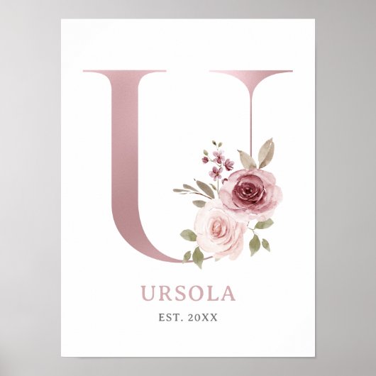 レターUモノグラムウォーターカラーバラ花模様子供部屋 ポスター (正面)