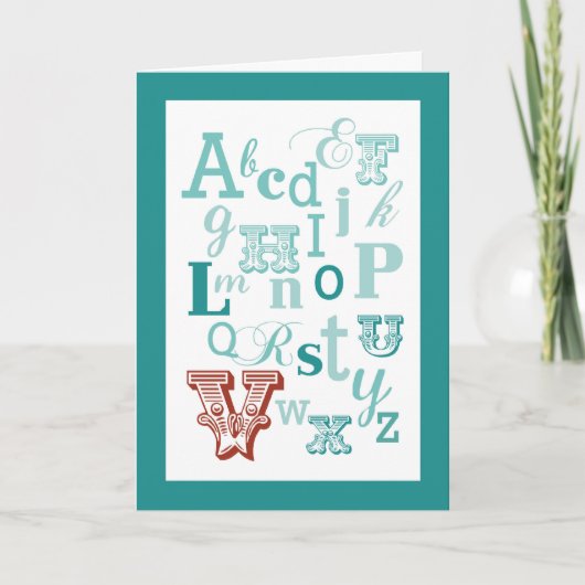 レターVイニシャル名アルファベット誕生日ティール（緑がかった色）&赤 カード (正面)
